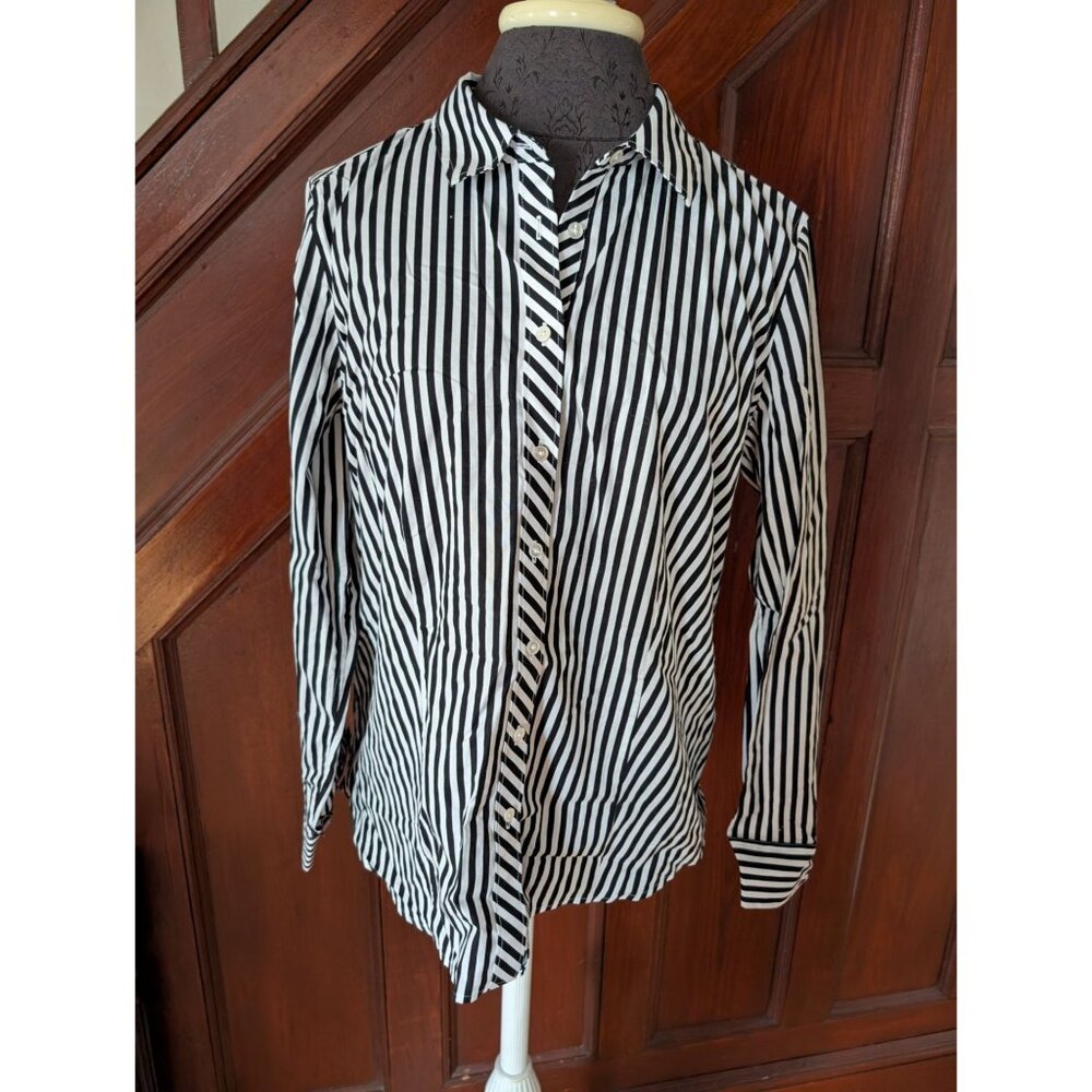 Talbot's Black White Striped Button-Up Shirt Womens Size 12 Non-Iron Long Sleeve